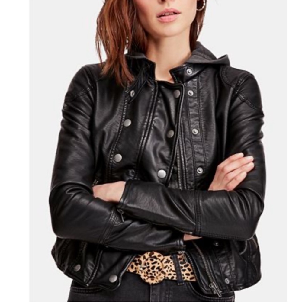 Free People Black Vegan Leather Moto Jacket, XS